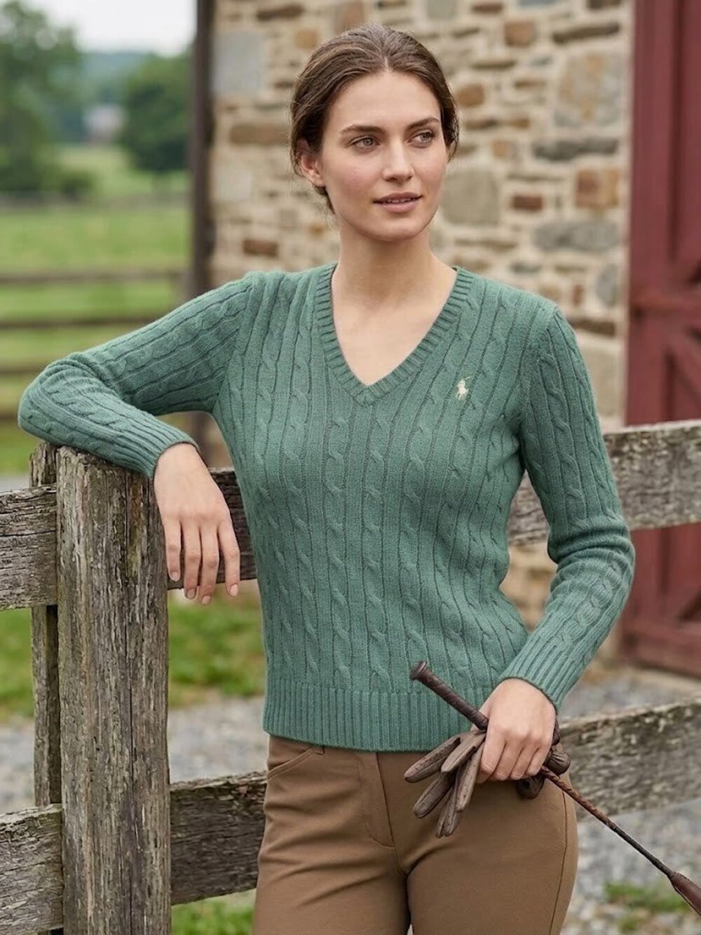 NWT Polo Ralph Lauren Cable-Knit Cotton V-neck Sweater in Green Pullover L